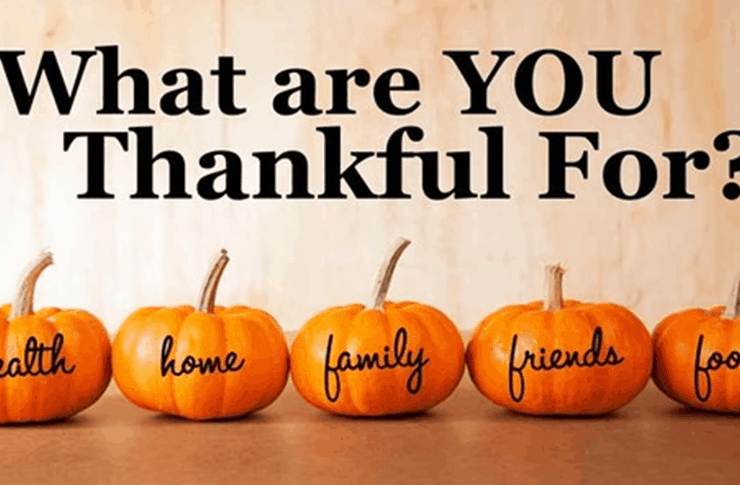 What are you thankful for? With pumpkins that has a printed words of health, home, family, friends and food.